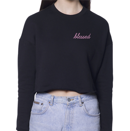 Blessed Fleece Crop Top Sweatshirt - Black